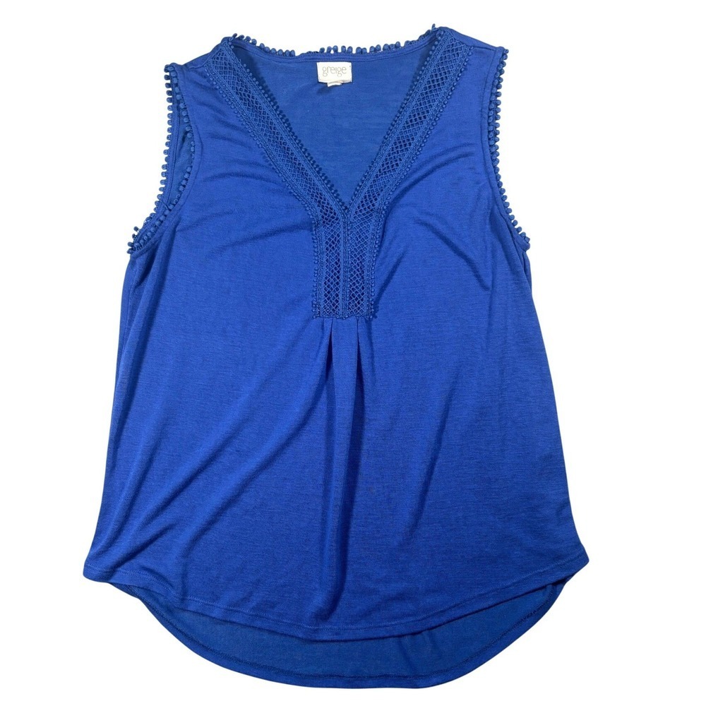 Greige Royal‎ Blue Sleeveless V-Neck Crochet Lace Pom Pom Trim Tank L Beach Boho